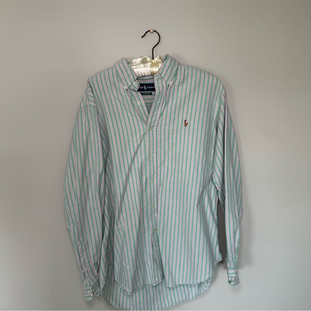 Ralph Lauren Men's White and Green And Pink Striped Button Down Shirt